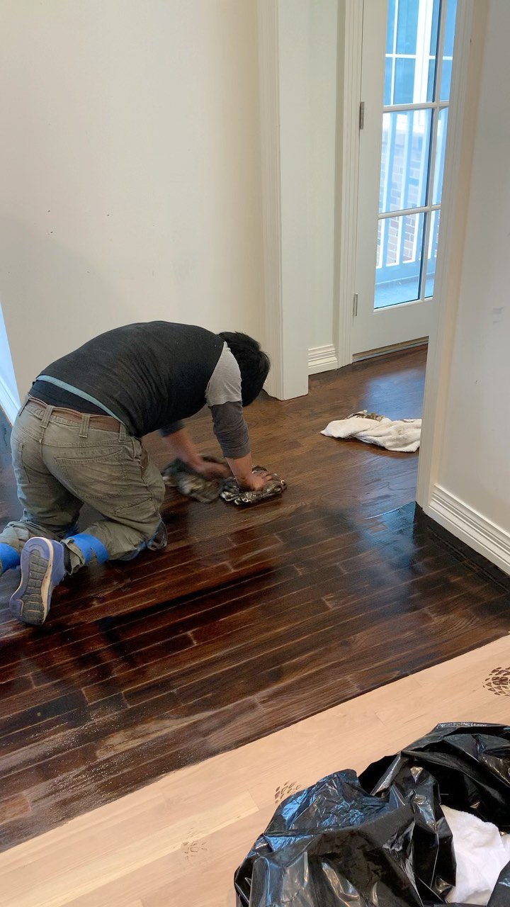 Wipe on wipe off!!

Antique Brown is the color of choice on this beautiful white oak floor.
